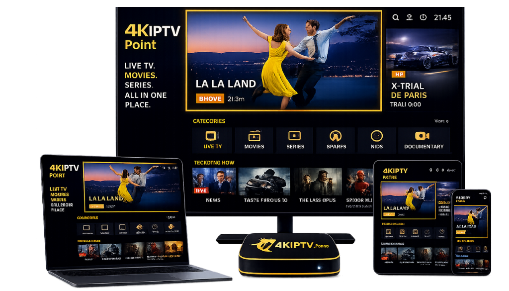 4K- IPTV Point streaming service displayed across a Smart TV, laptop, Android TV box, tablet, and smartphone, featuring live TV, movies, series, sports, and 4K entertainment with a modern dark interface in orange, navy, and white colors.